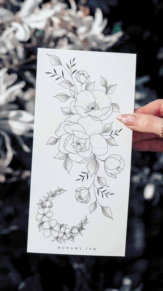 Peony moon poppy floral wild flowers bracelet crescent, temporary tattoos