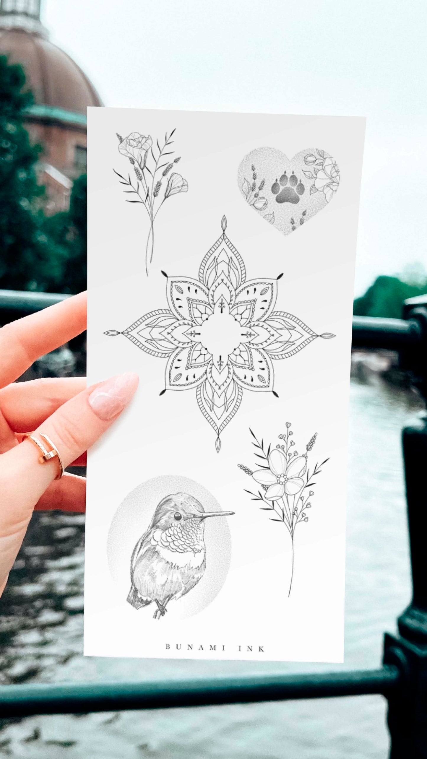 lisianthus & forget-me-not bouquets paw love mandala hummingbird, temporary tattoos