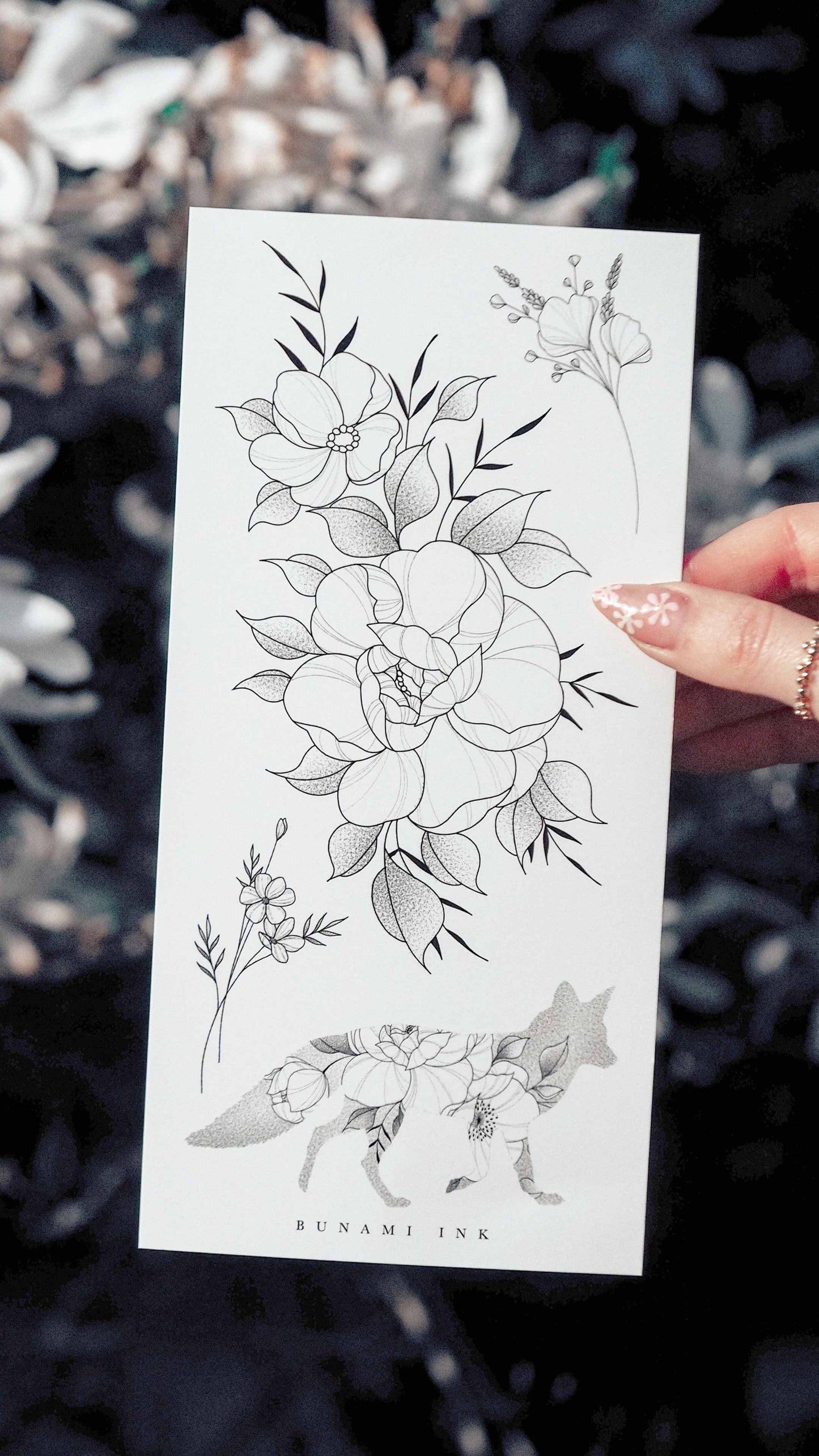 Fox wild flowers peonies bouquets floral silhouette, temporary tattoos