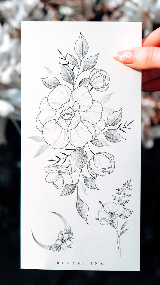 Floral peony lavender crescent bouquet, temporary tattoos