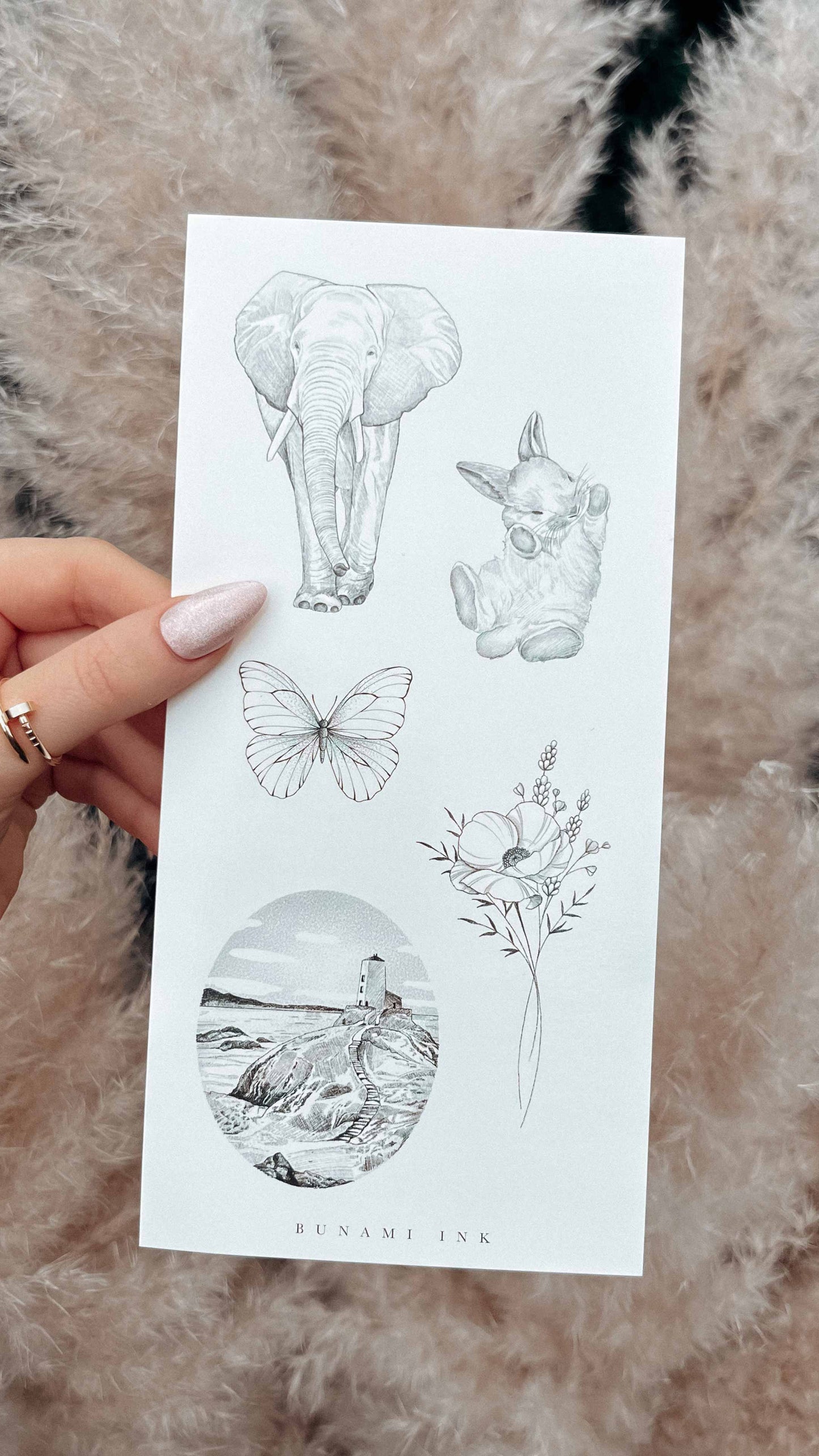Elephant bunny lighthouse landscape ocean butterfly bouquet, temporary tattoos