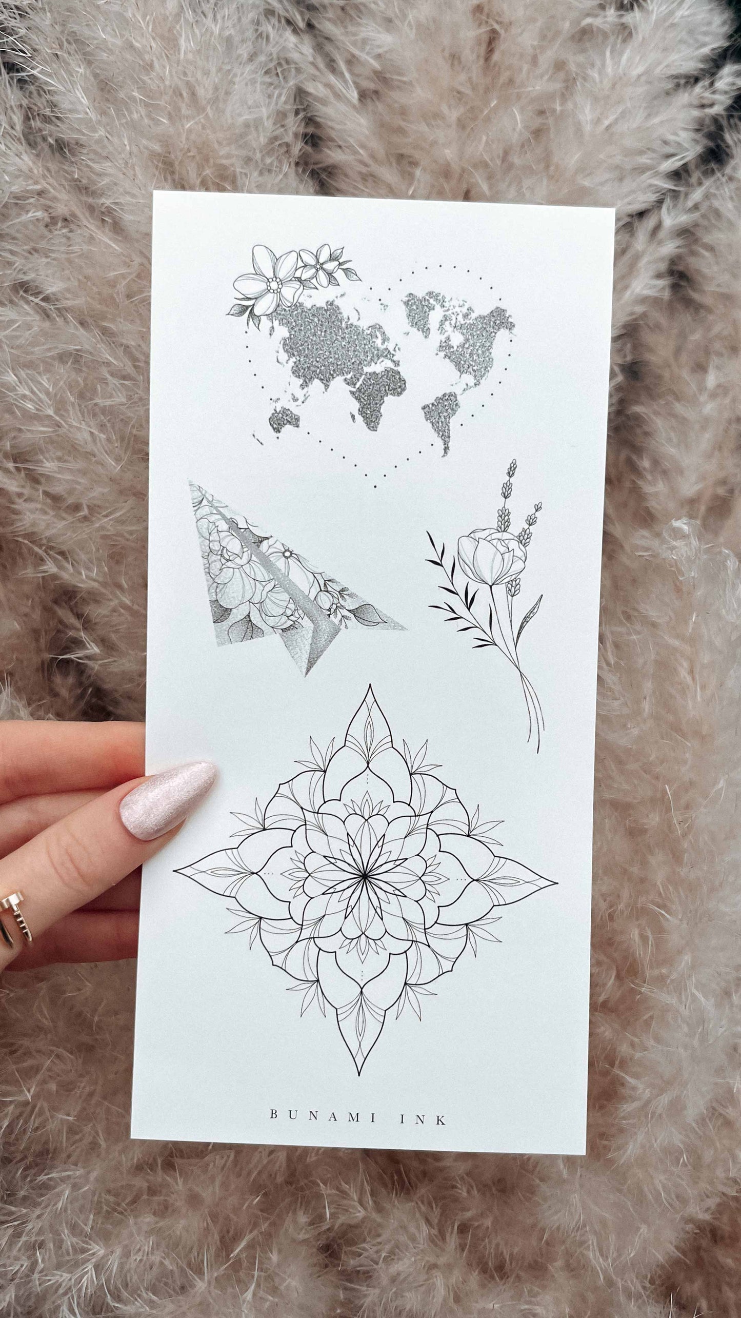 world map, paper plane, bouquet, mandala, temporary tattoos