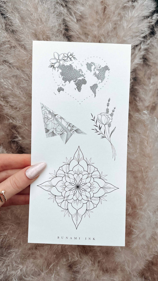 world map, paper plane, bouquet, mandala, temporary tattoos